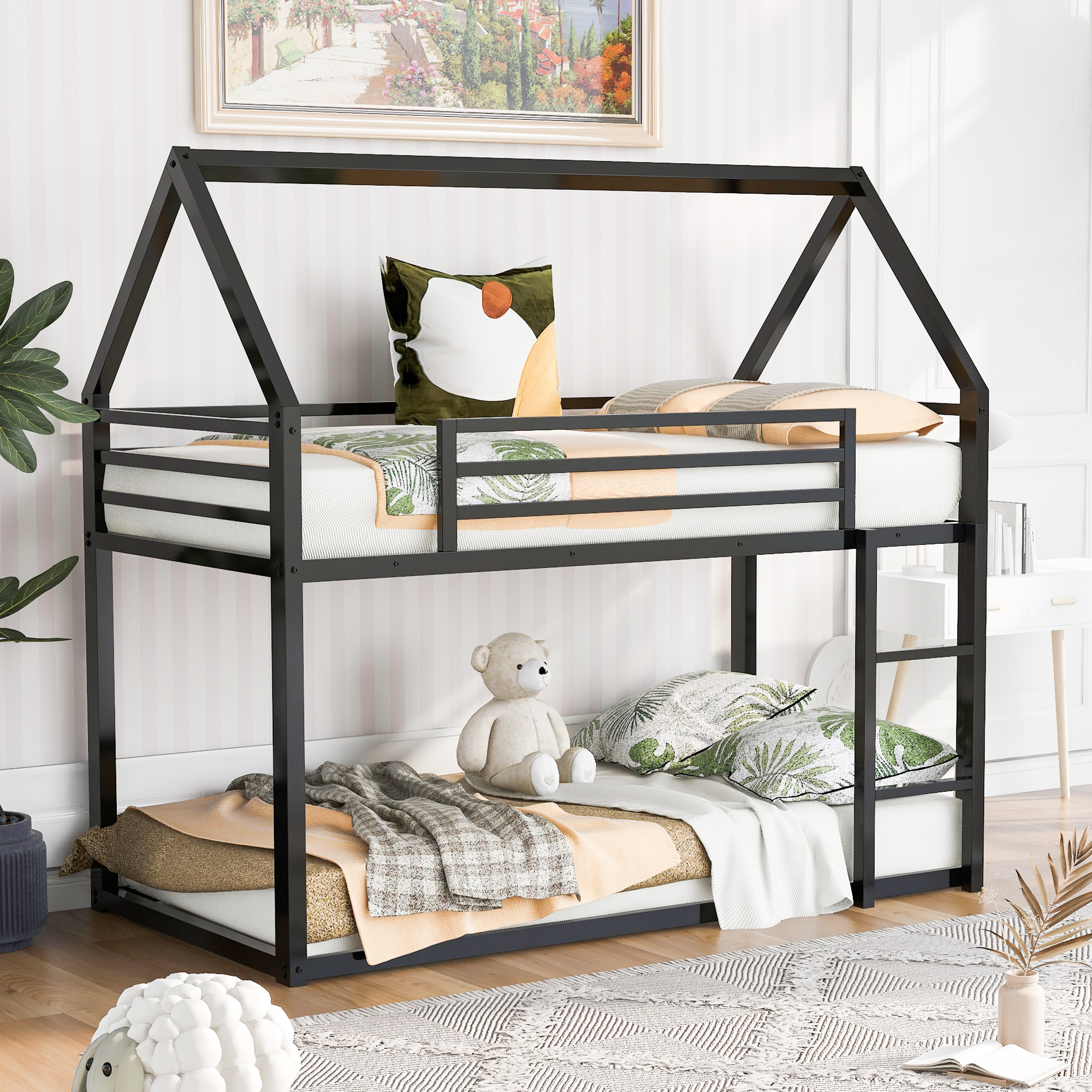 Bunk Bed Twin over Twin Metal Kids Bedroom Loft Bed Frame with Built-in Ladder