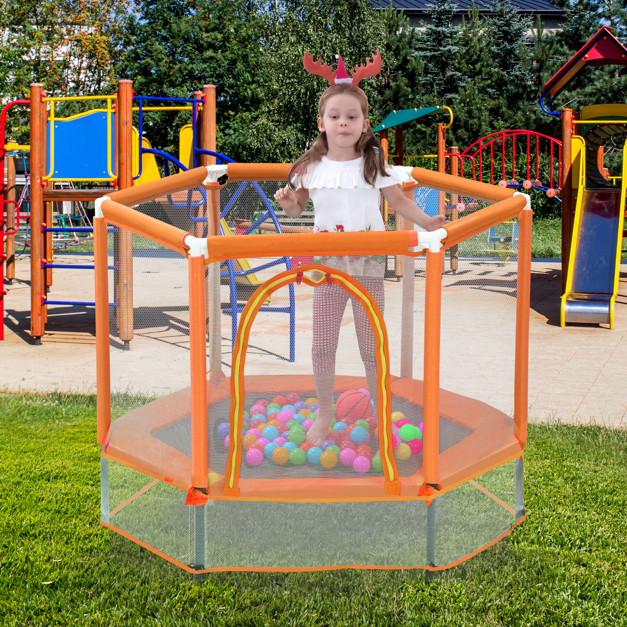 55” Toddlers Trampoline w/ Safety Enclosure Net and Balls Kids Mini Trampoline