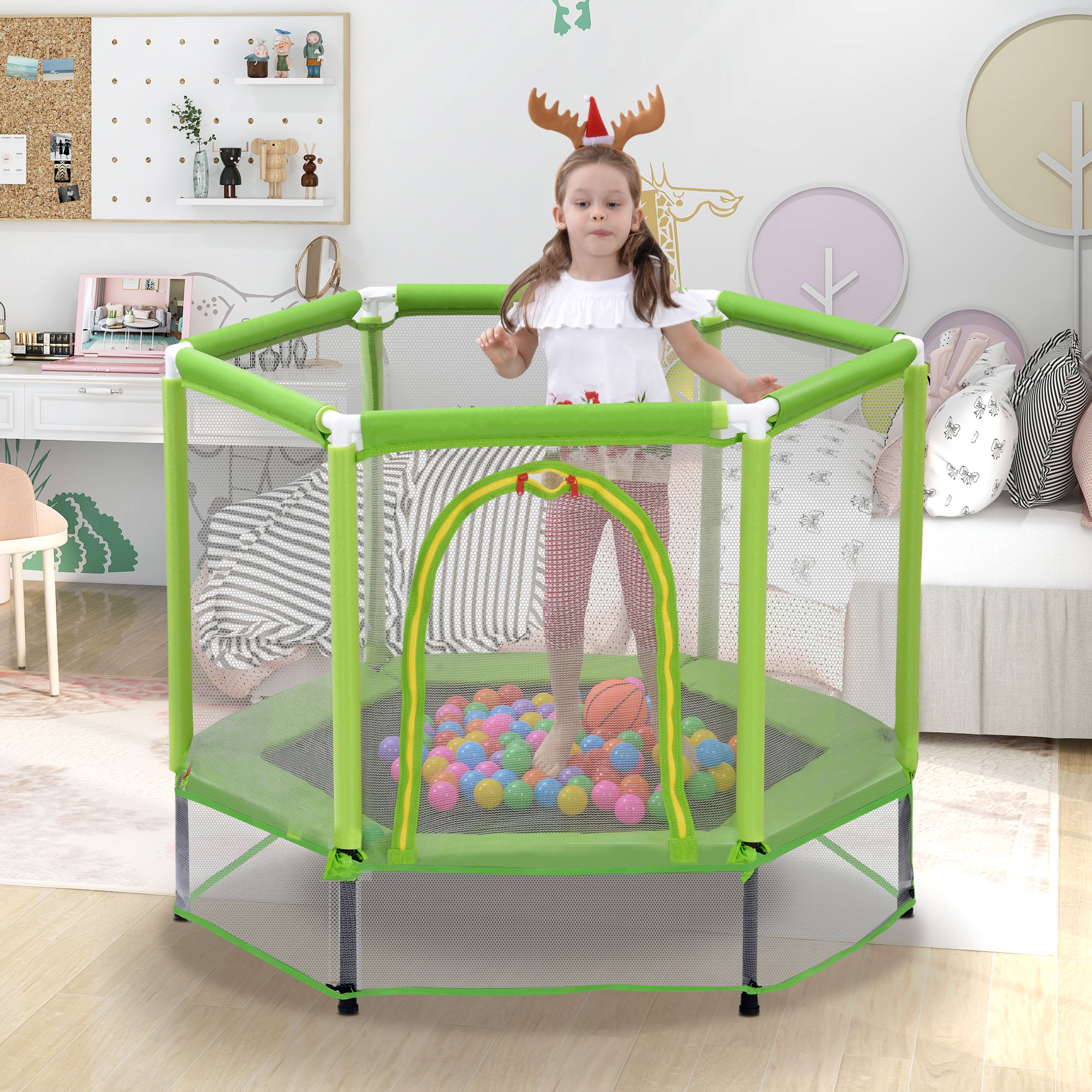 55” Toddlers Trampoline w/ Safety Enclosure Net and Balls Kids Mini Trampoline