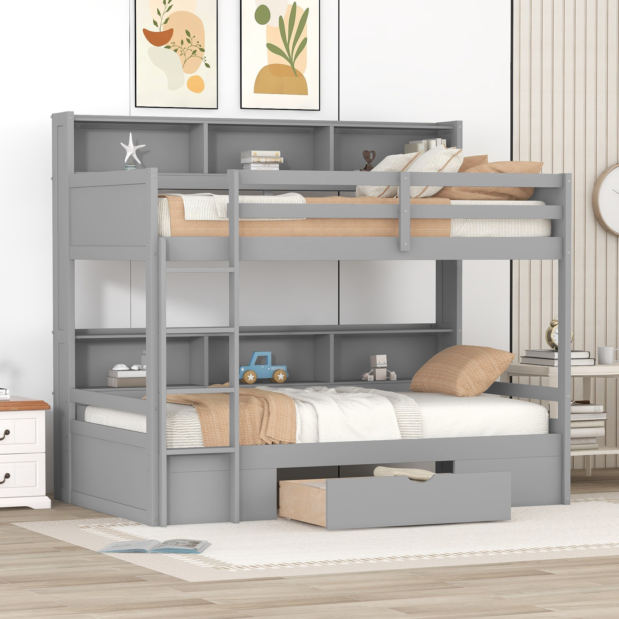 Twin Size Bunk Bed with Built-in Shelves Storage Drawer Wood Upper and Down Bed