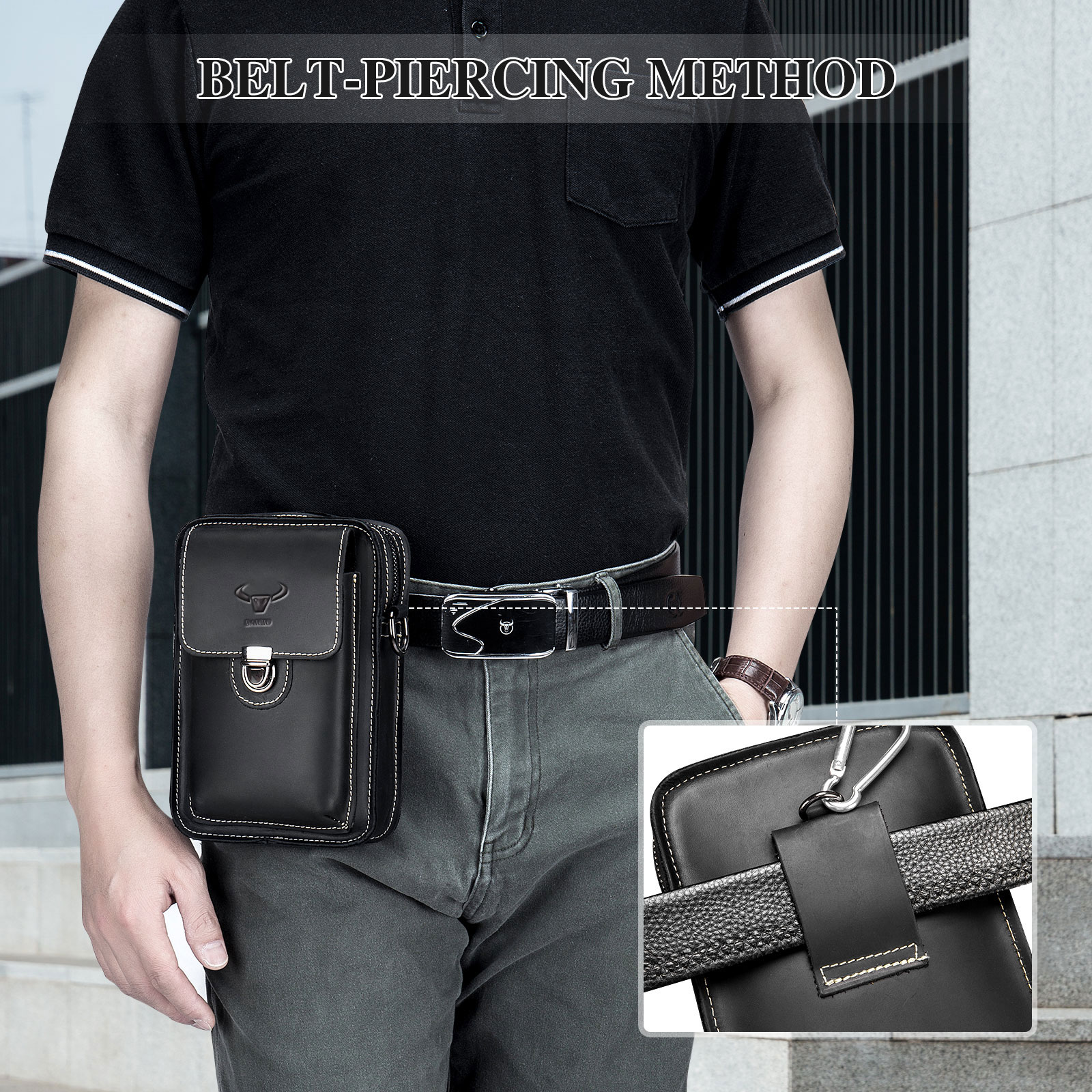 Vintage Mens Messenger Shoulder Bag Genuine Leather Crossbody Waist Belt Pack - Produktbild 4