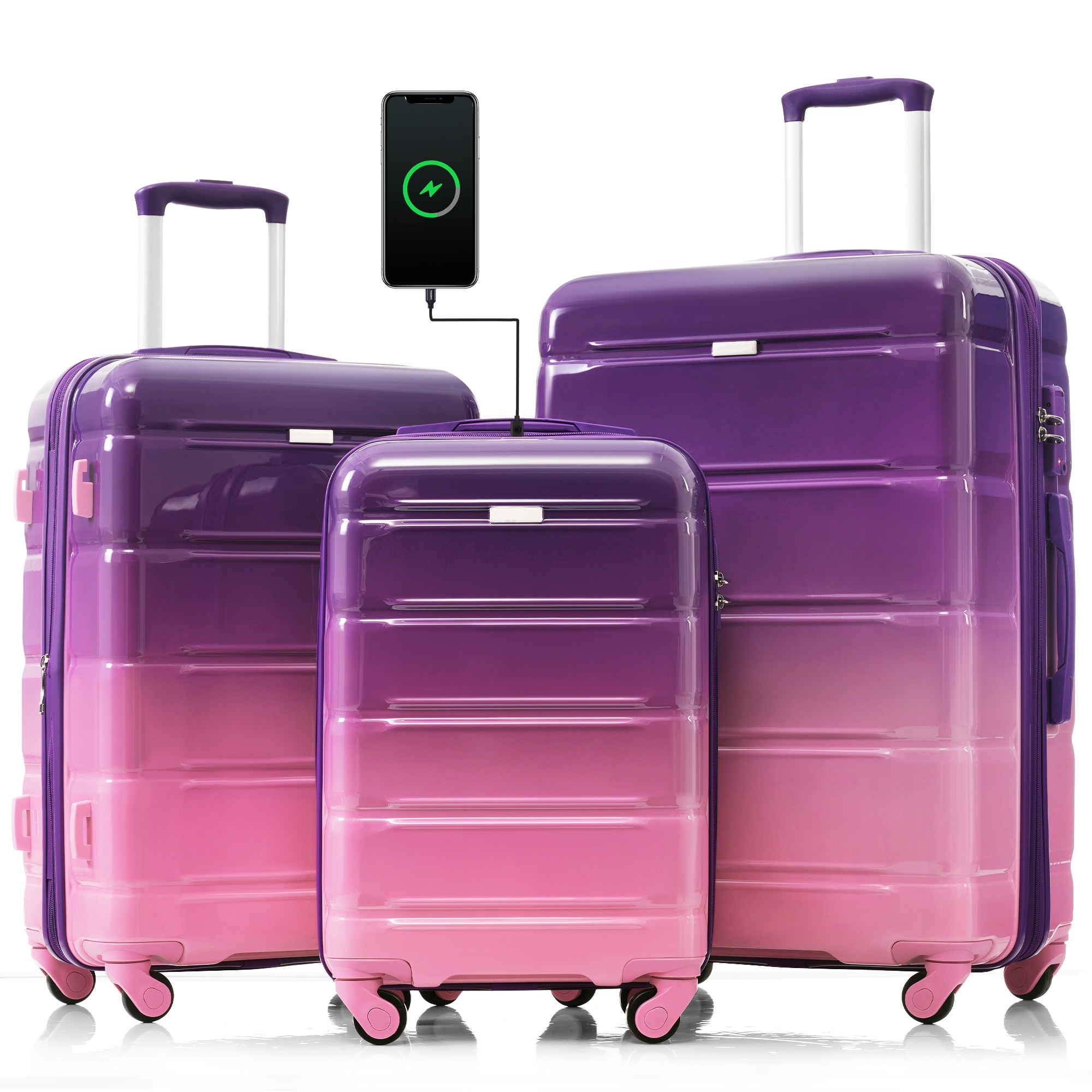 Set With Usb Port Spinner Luggage Travel Suitcase New