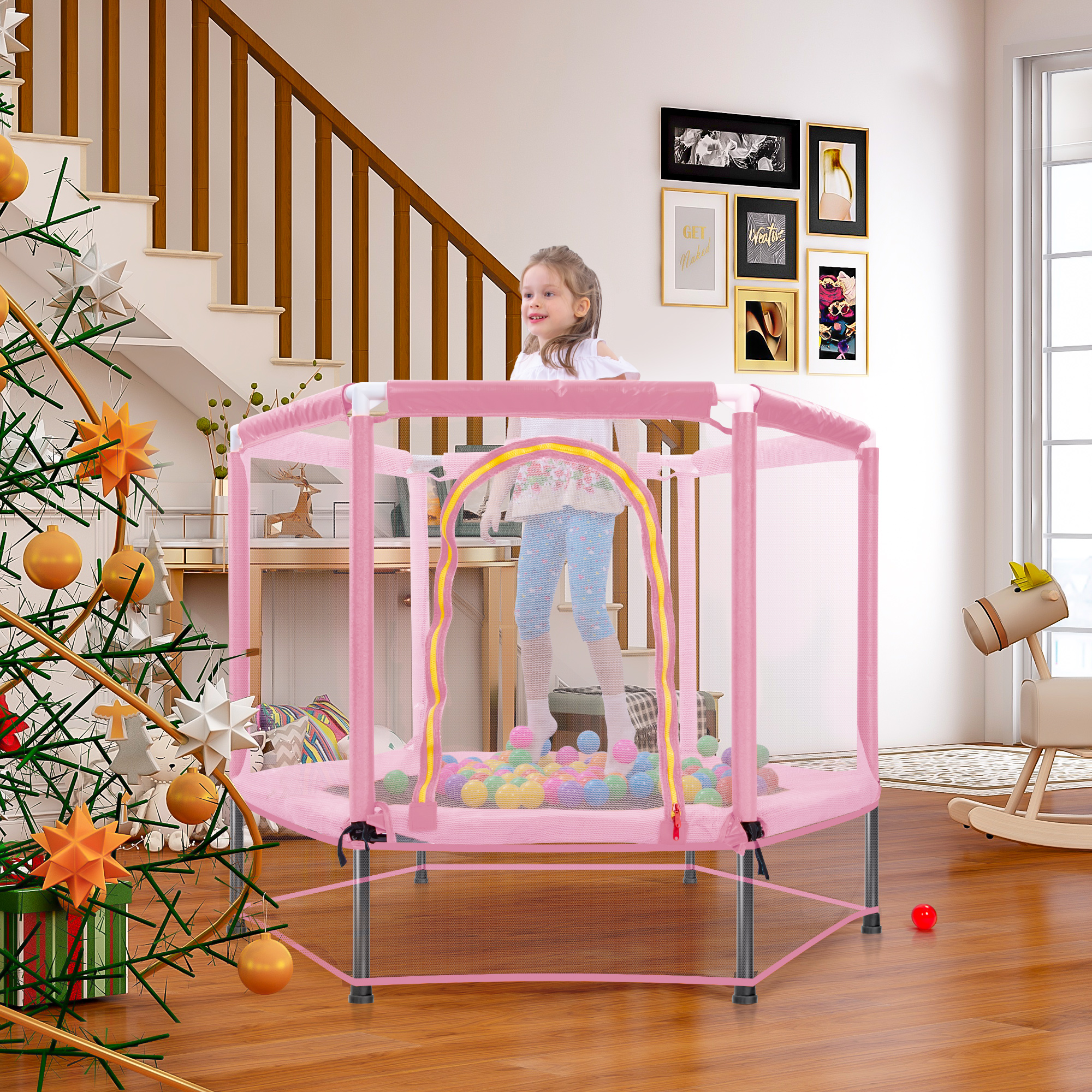 55” Toddlers Trampoline w/ Safety Enclosure Net and Balls Kids Mini Trampoline