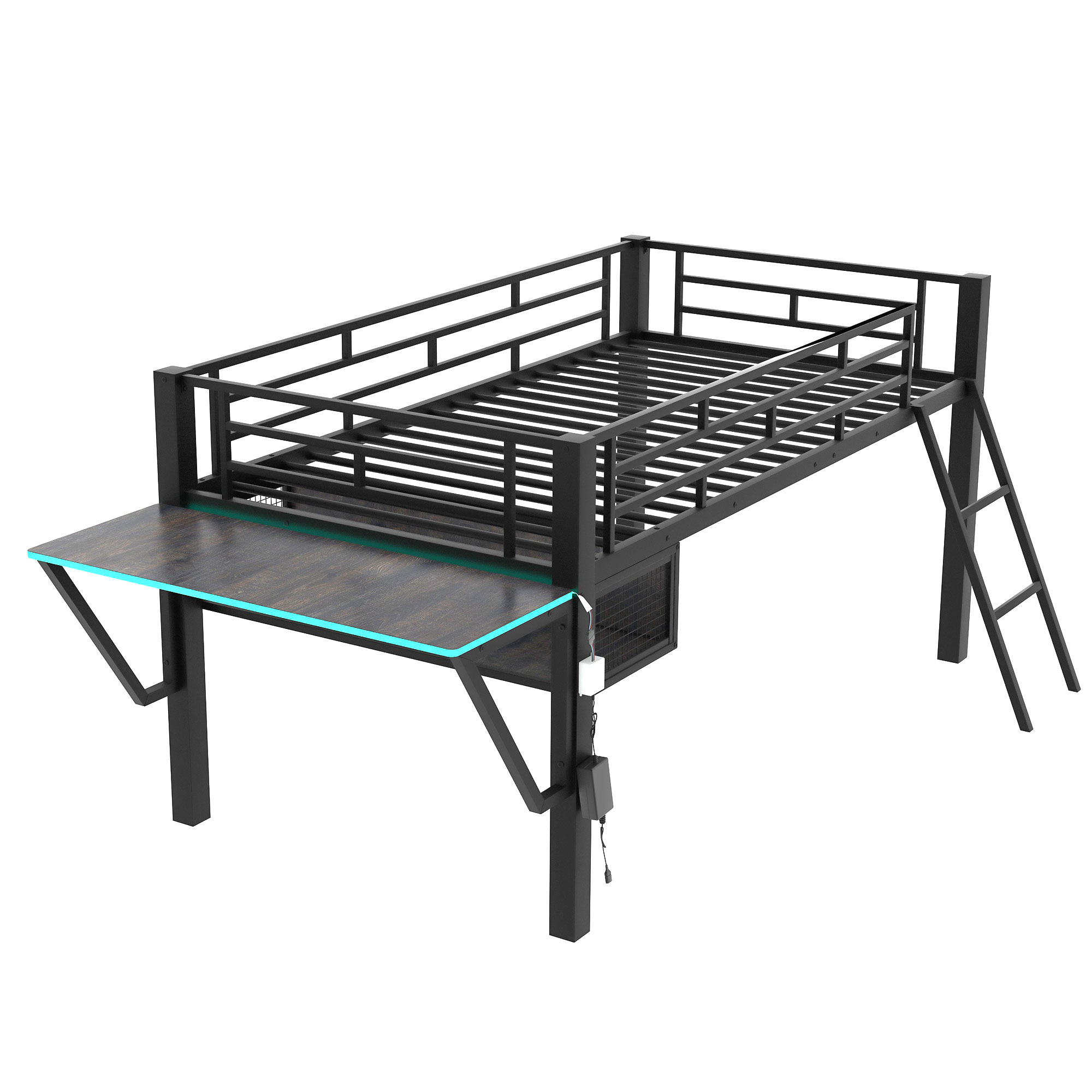 Twin Full Size Metal Gaming Loft Bed with LED Desk for Kids 