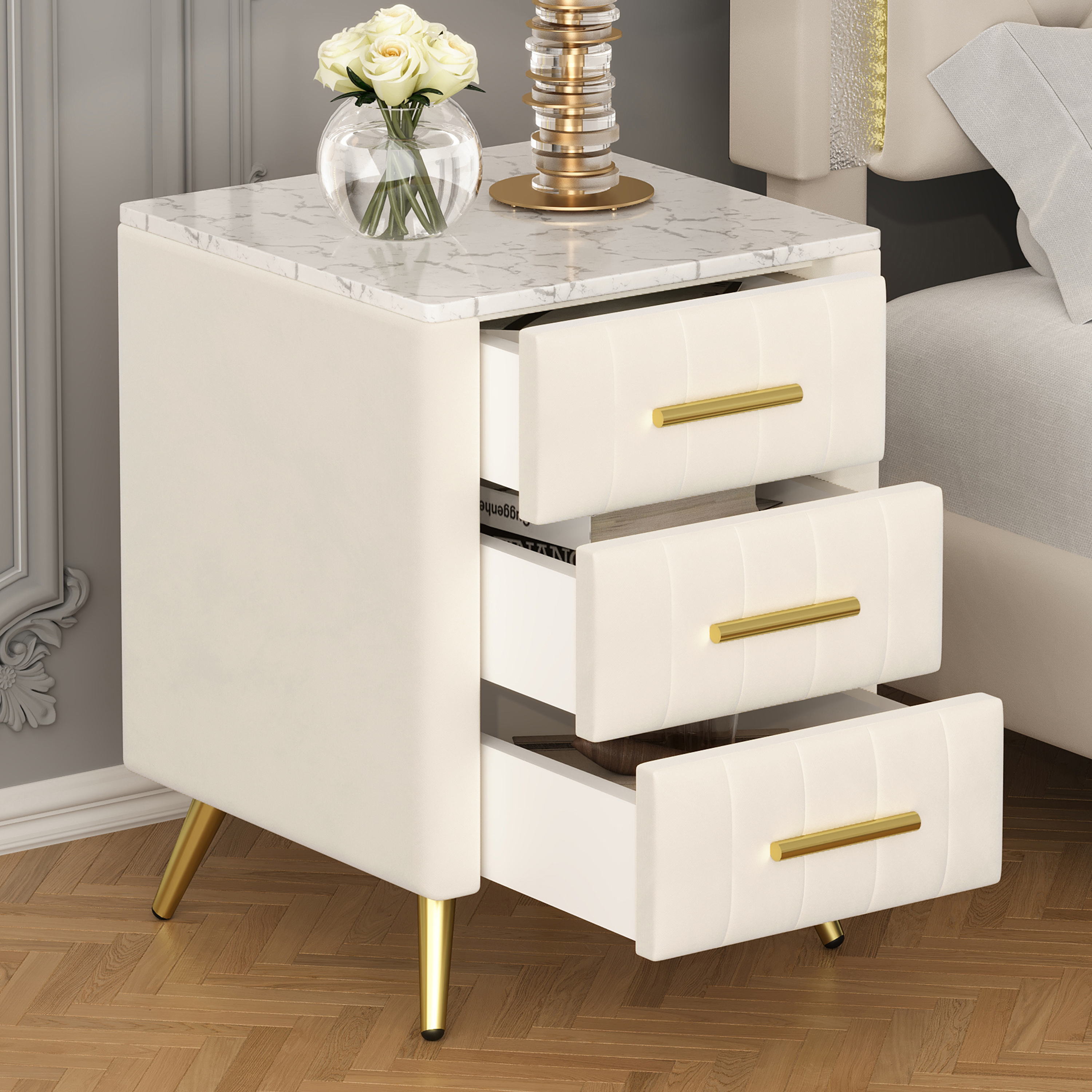 Upholstered Wood Nightstand Bedside End Side Table w/ Drawers Bedroom Furniture