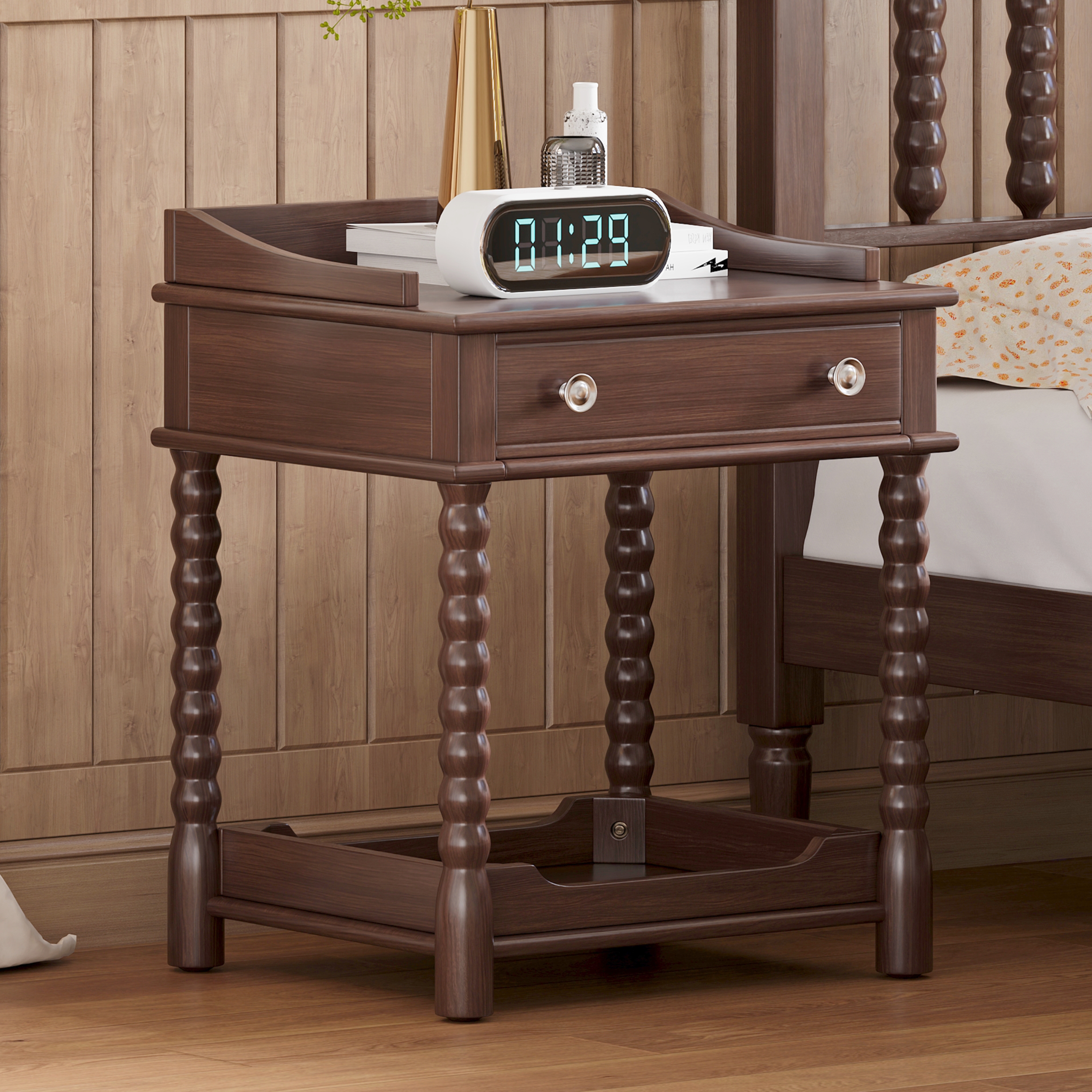 Retro Nightstand Bedroom Bedside Cabinet End Side Table with Drawer and Shelf