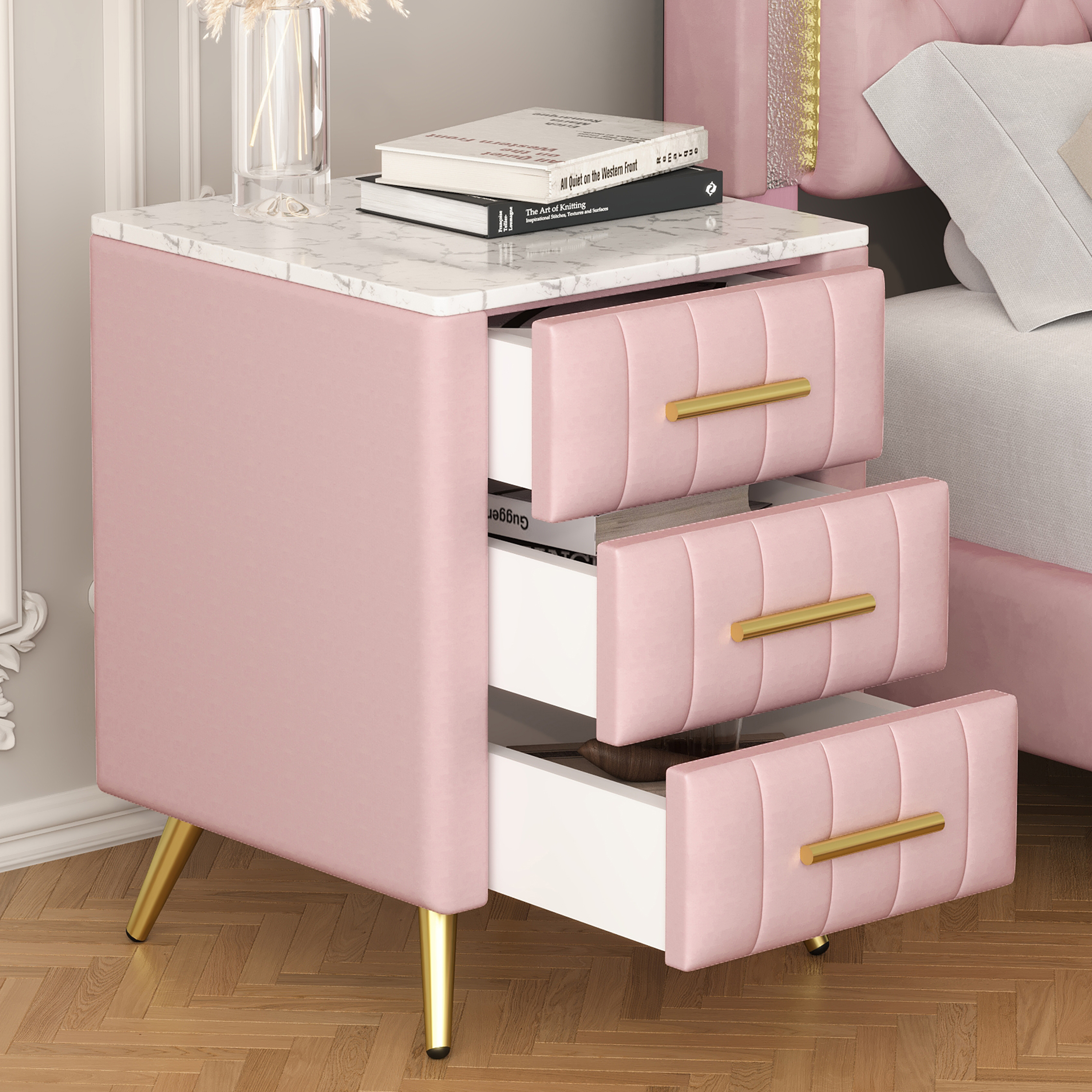 Upholstered Wood Nightstand Bedside End Side Table w/ Drawers Bedroom Furniture