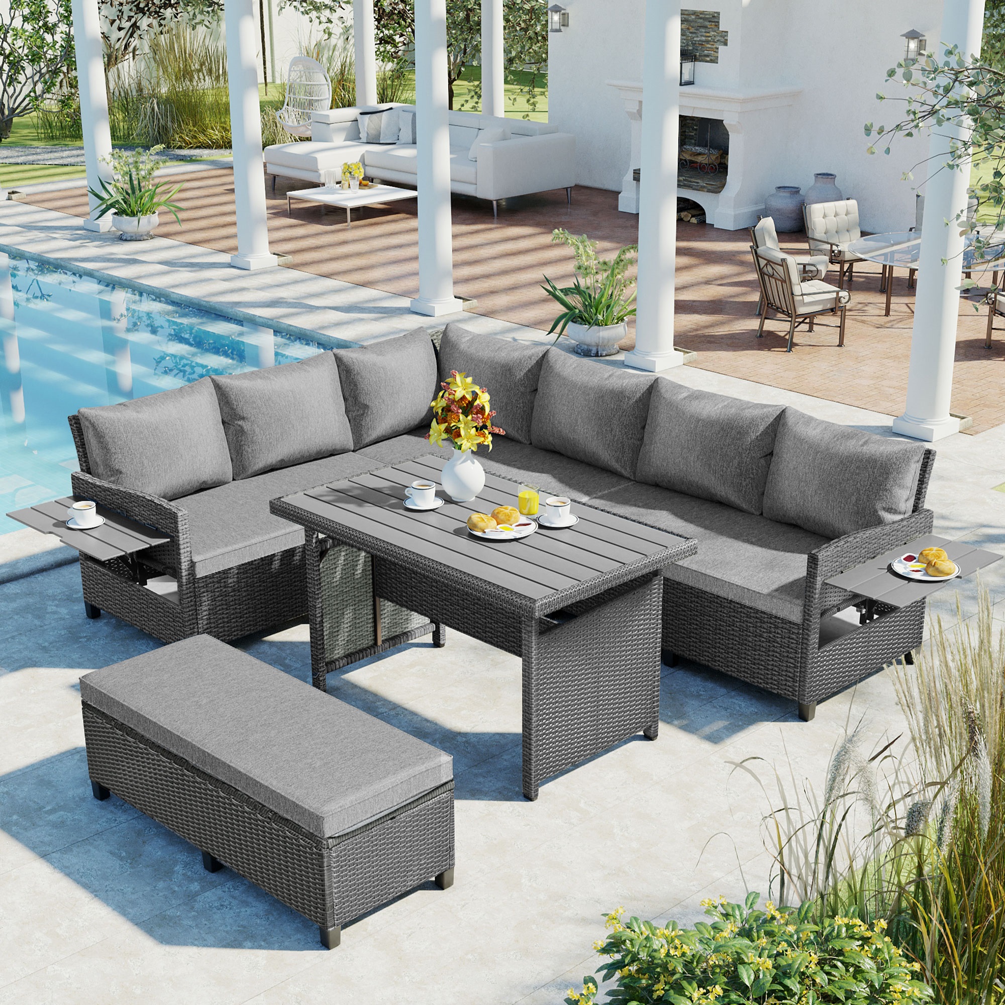 5 Piece Wicker Patio Dining Set Outdoor Sectional L-Shaped Garden Furniture Set