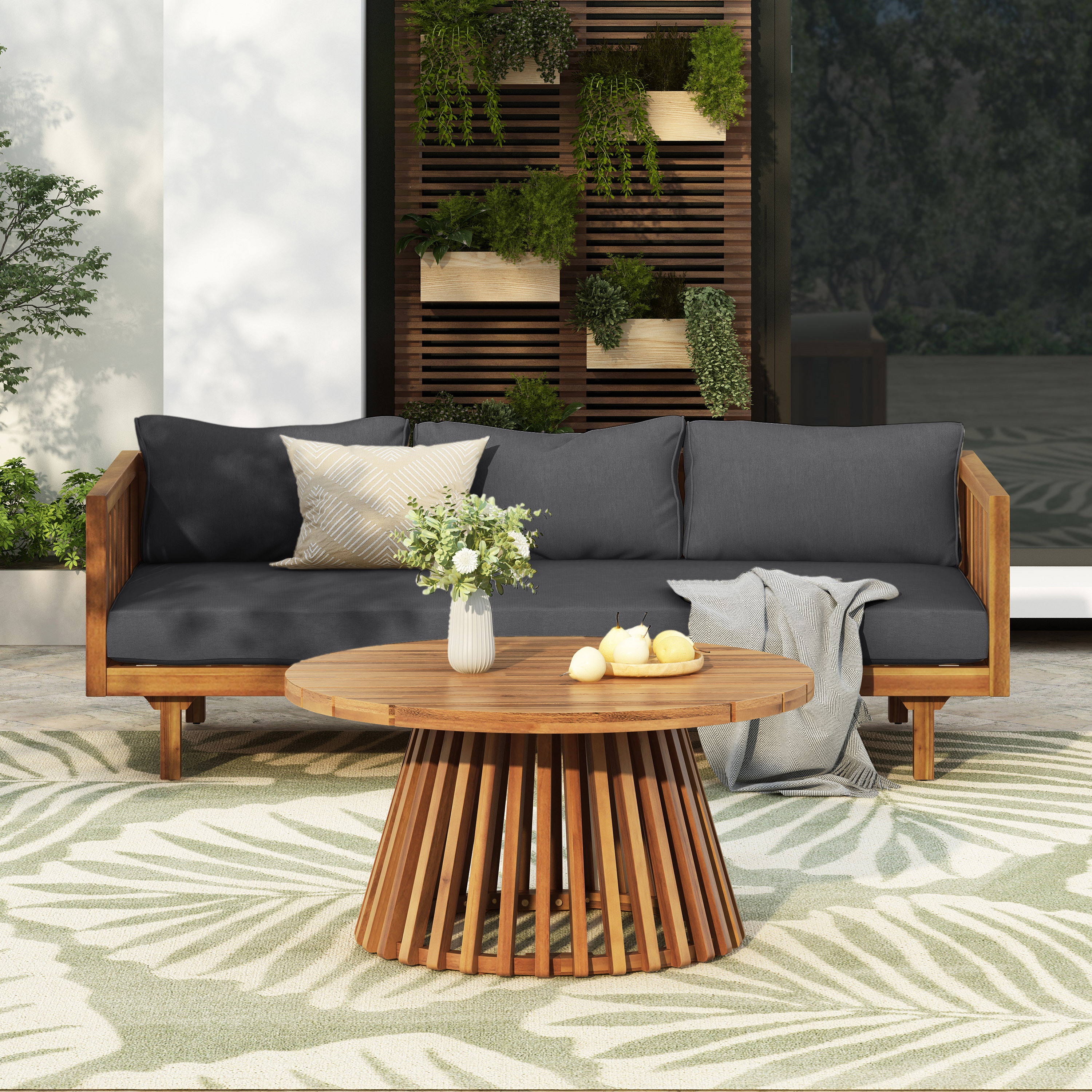 Acacia Wood Patio Furniture Set Outdoor 3 Seater Daybed with Table Lounge Chair