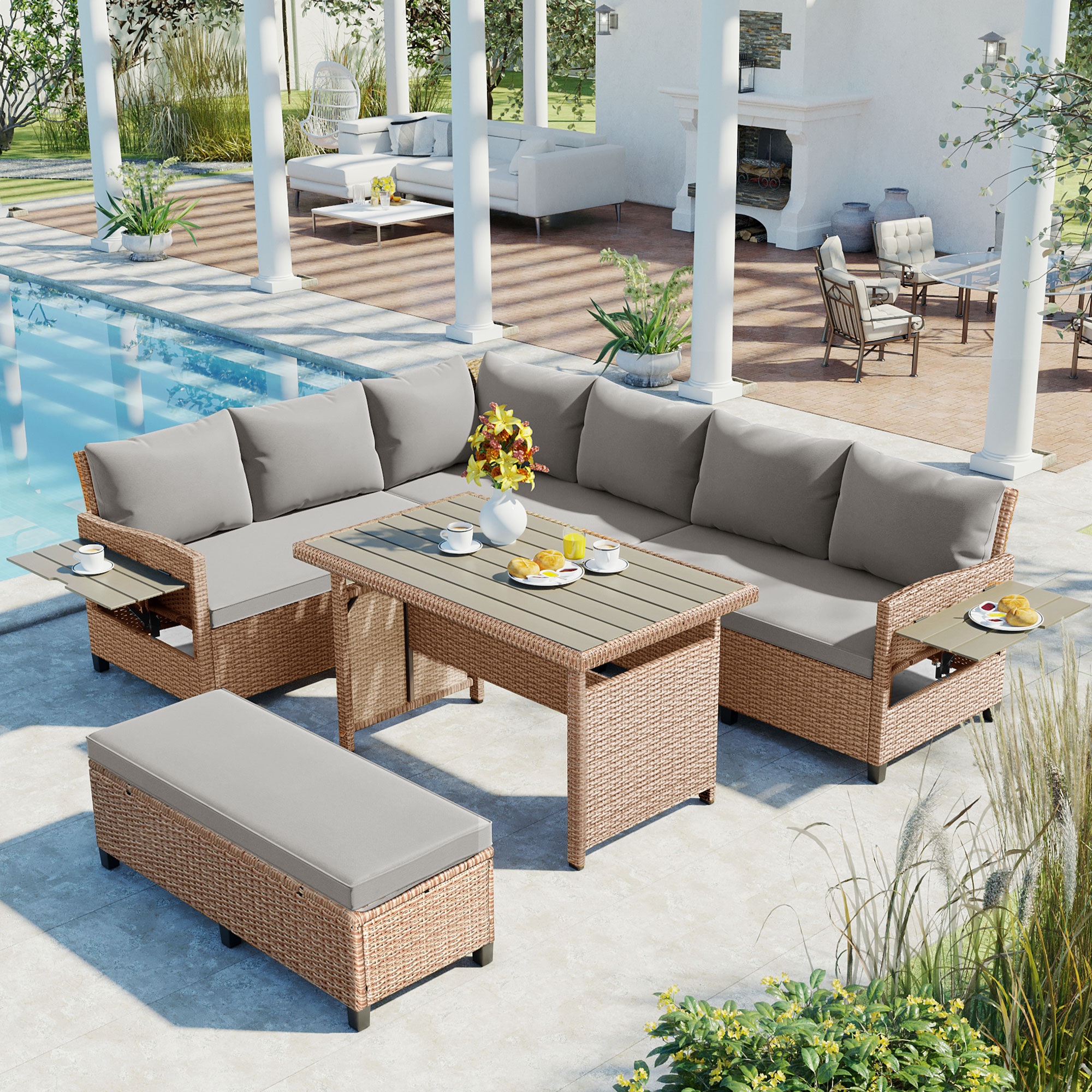 5 Piece Wicker Patio Dining Set Outdoor Sectional L-Shaped Garden Furniture Set