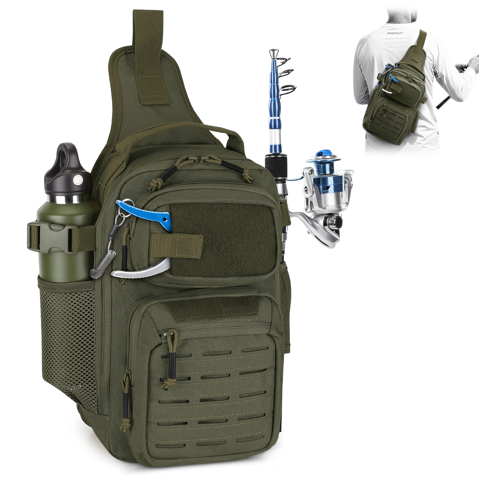 Fishing Sling Bag Small Tackle Bag Tactical Shoulder Sling Bags with Rod Holder